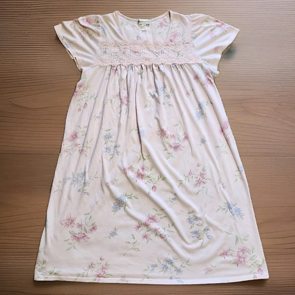 Miss Elaine Lace Yoke Floral Nightgown L | Vintage Style Pastel Silkyknit